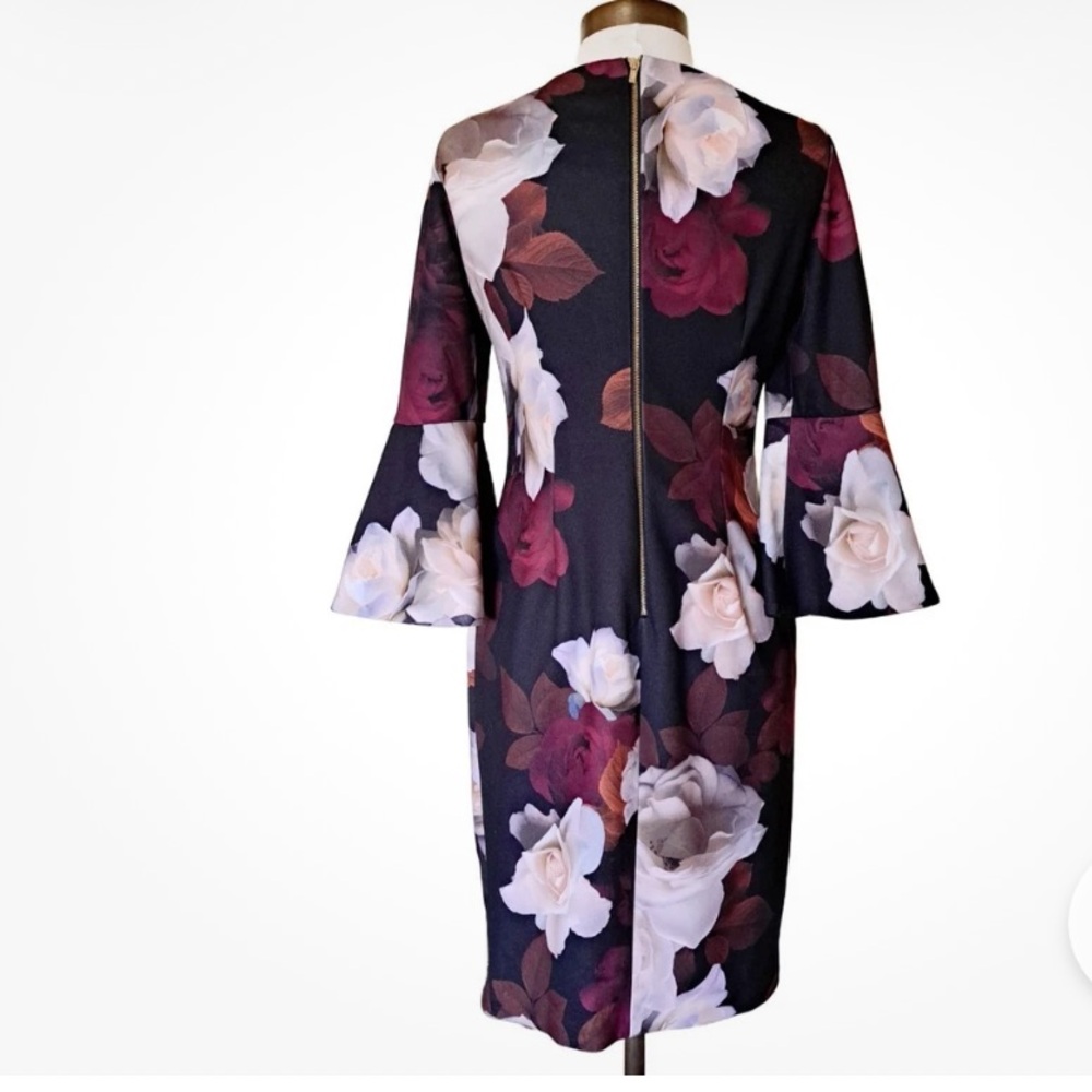 CALVIN KLEIN Black Floral Bell Sleeve Dress 6 NWOT - Picture 4 of 11